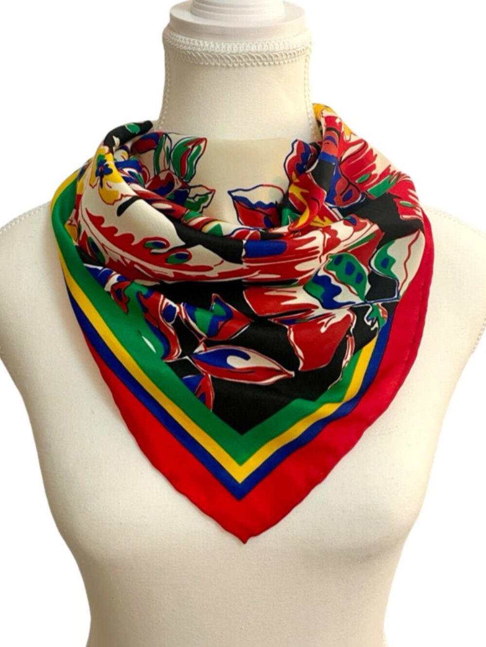 Vintage Floral Silk Scarf Hand Rolled Edges 21” x 21” Tropical Multicolor